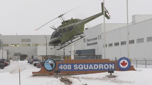 Six CH-146 Griffons from the 408 Tactical Helicopter Squadron of the Royal Canadian Air Force fly from Edmonton to Fort Wainwright, Alaska, on Jan. 26, 2026. (Evan Klippenstein/CTV News Edmonton)