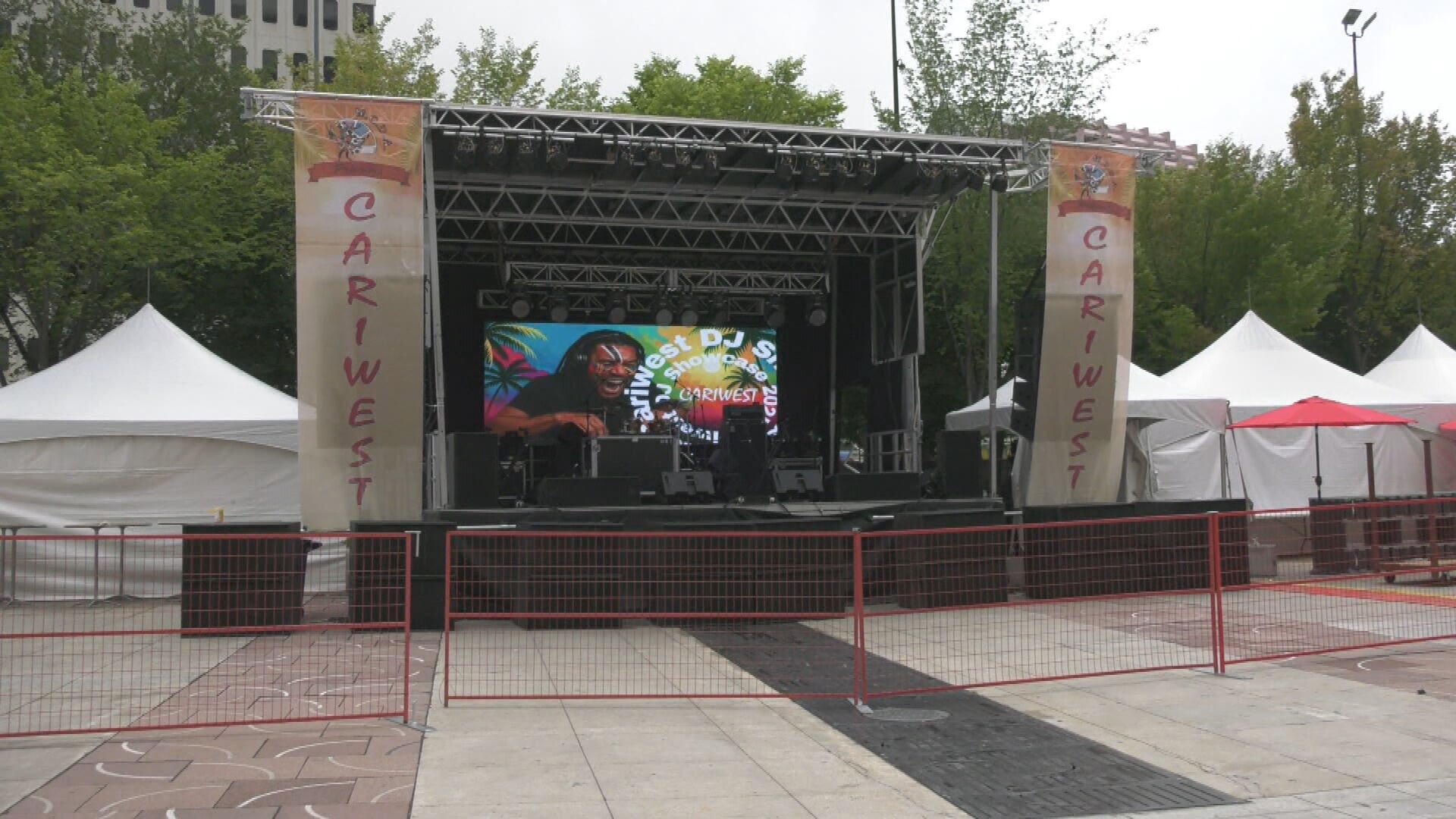 Cariwest Caribbean Arts Festival will kick off its 41st year, celebrating Caribbean culture through food and music. A stage was being set up in downtown Edmonton on August 8, 2025. (Sasha Pietramala/CTV News Edmonton)