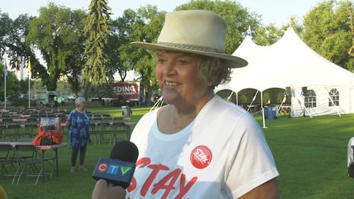 Former MLA Iris Evans speaks to CTV News Edmonton about advocating for Alberta to remain a part of Canada during the KDays pancake breakfast at the Alberta legislature on July 16, 2026. (Sean McClune / CTV News Edmonton)