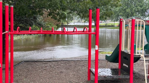 The field surrounding a playground is flooded.