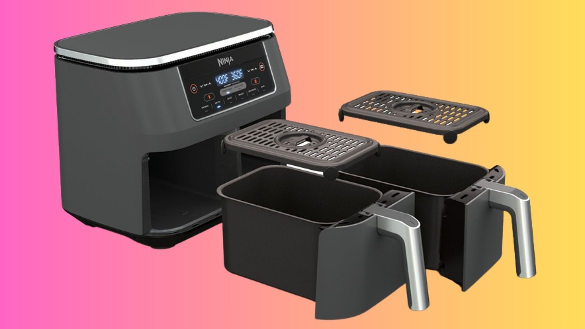 A Ninja Air Fryer on a gradient background.