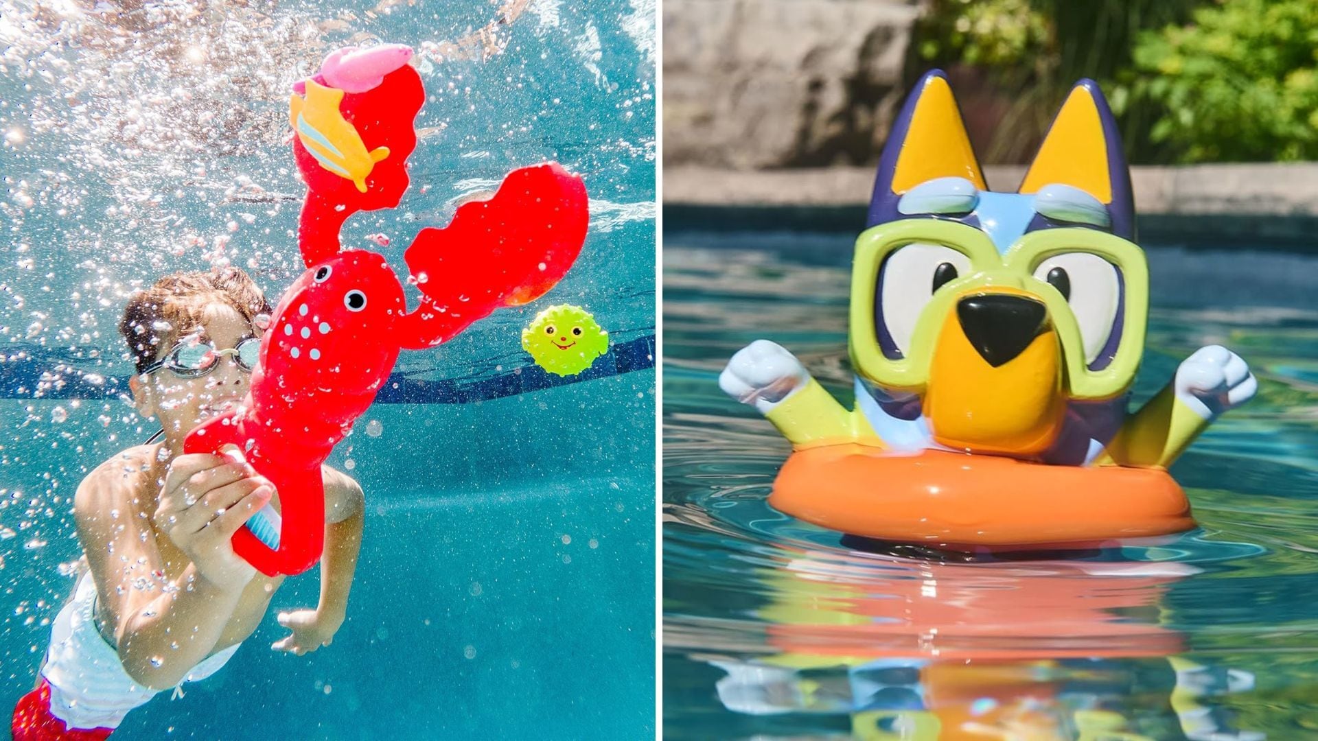 two kid's pool toys in a pool