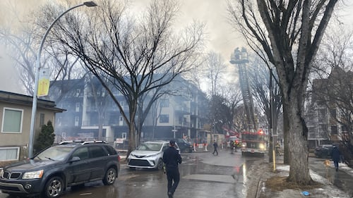 Fire broke out at a multi-storey structure at 108 Street and 85 Avenue on March 19, 2026. (Dave Mitchell/CTV News Edmonton)
