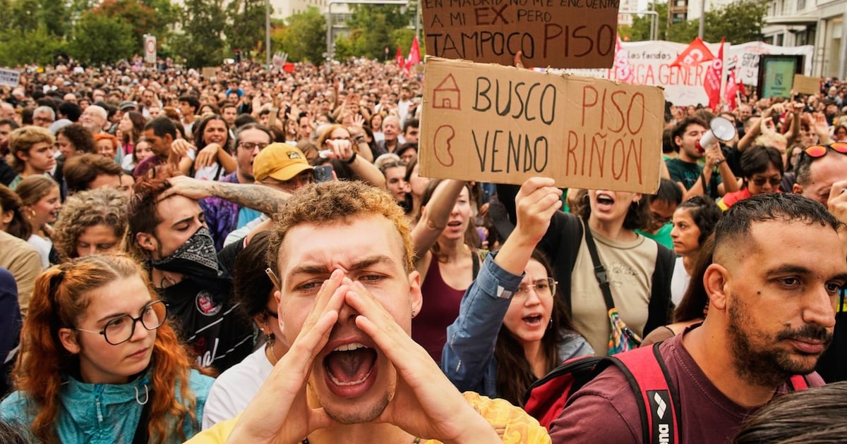 Photo: CTV News People demonstrate to demand stronger laws to protect renters in Madrid, Spain Saturday, Oct. 3, 2026. The banner reads in