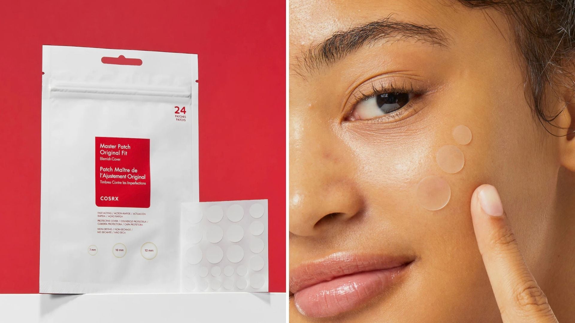 a split image of pimple patches with a bright background an a model with three of them on their cheek