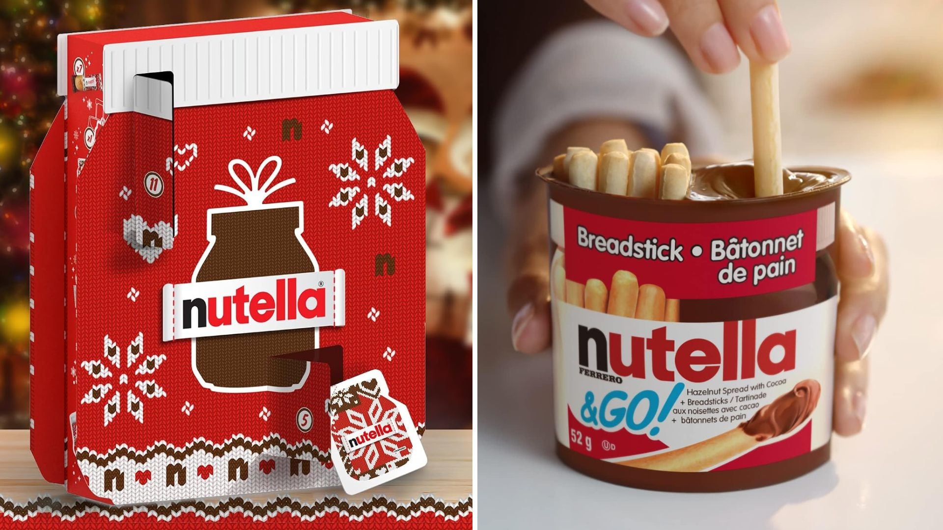 A Nutella Advent Calendar and a person dipping a breadstick into Nutella.