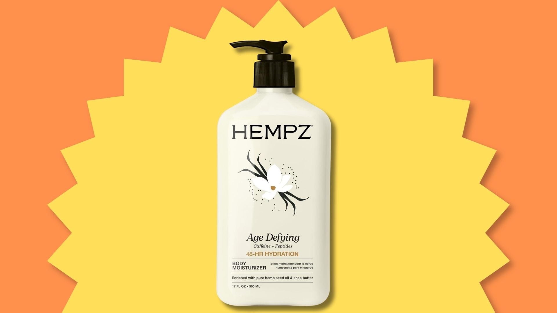 A bottle of Hempz lotion in a yellow sunburst.