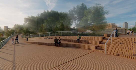 Rendering from the City of Edmonton of the renovated Rossdale Powerplant and Touch the Water park. (Source: City of Edmonton)