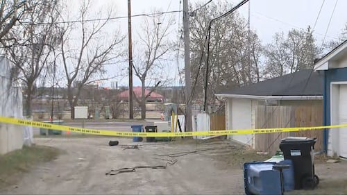 A downed power line in Calgary after powerful wind gusts on Friday, April 24, 2026.
