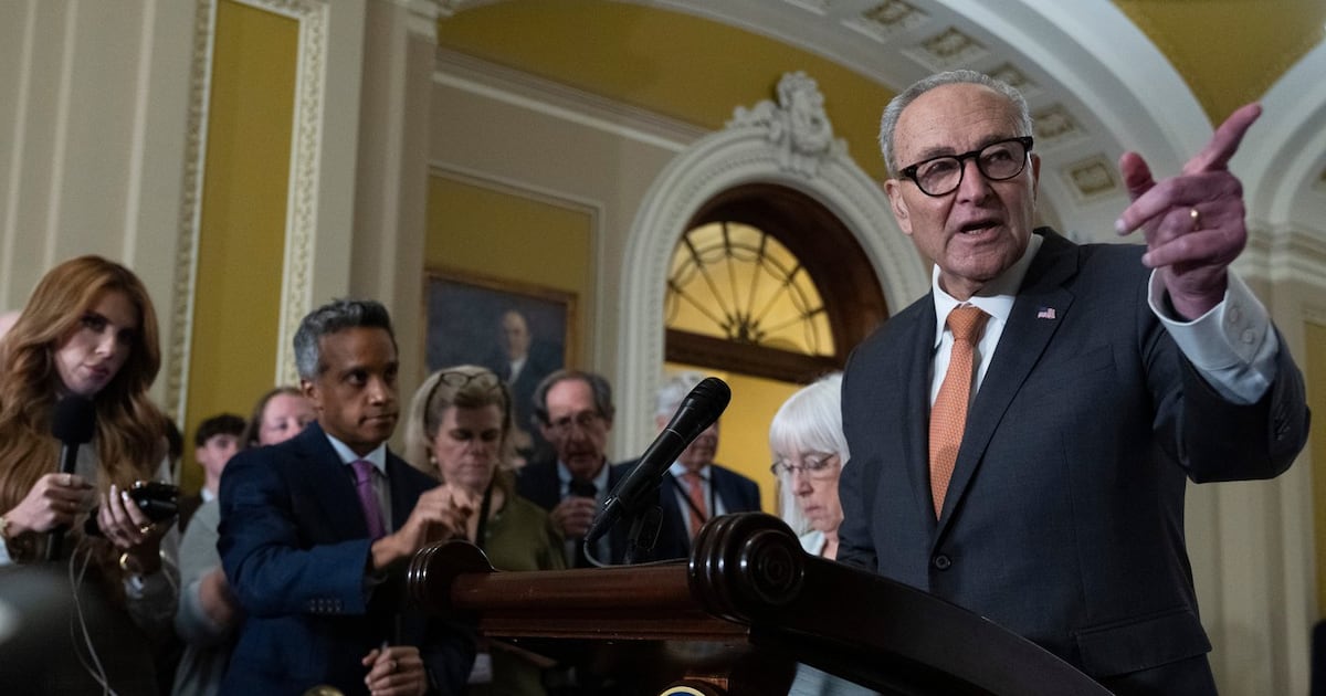 U.S. Senate Minority Leader Chuck Schumer, D-N.Y., with Sen. Patty Murray, D-Wa., speaks to reporters on Capitol Hill in Washington, Wednesday, July 29, 2026, in Washington. (AP Photo/Manuel Balce Ceneta)