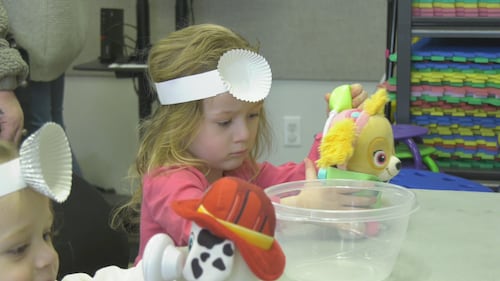 Children and their stuffed animals attend a teddy bear clinic at the Spruce Grove Public Library on March 27, 2026. (Sean McClune/CTV News Edmonton)