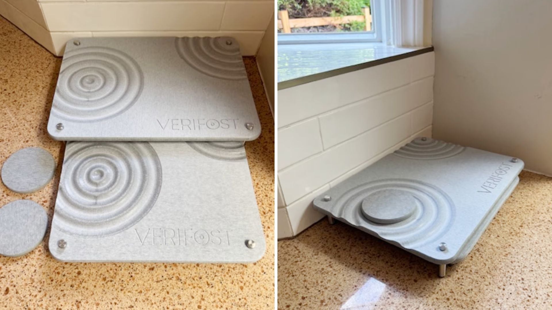 Two photos of the VERIFOST Stone Drying Mat on a granite counter.
