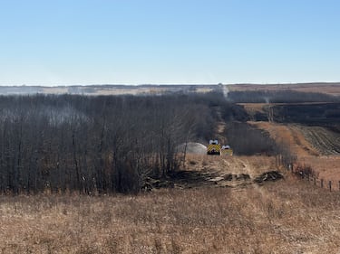 Firefighters from Wainwright and the military were on scene outside CFB Wainwright on Sunday, Oct. 18, 2026 after fire broke out at the base the previous afternoon. (Kent Morrison/CTV News Edmonton)