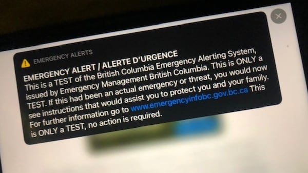 B.C. to test emergency alert system Wednesday