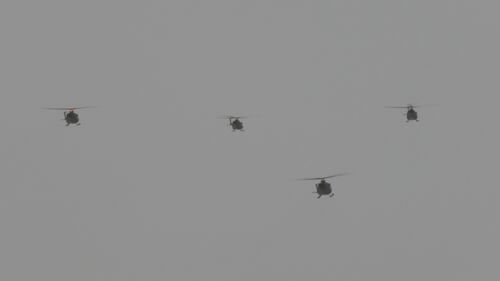 Six CH-146 Griffons from the 408 Tactical Helicopter Squadron of the Royal Canadian Air Force fly from Edmonton to Fort Wainwright, Alaska, on Jan. 26, 2026. (Evan Klippenstein/CTV News Edmonton)