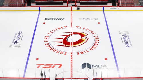 Ottawa Charge logo painted on Canadian Tire Centre ice for PWHL playoffs