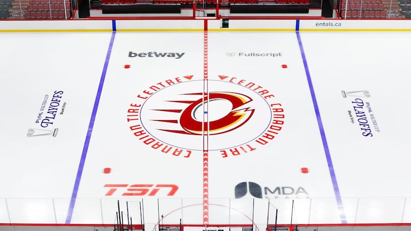 Ottawa Charge logo painted on Canadian Tire Centre ice for PWHL playoffs