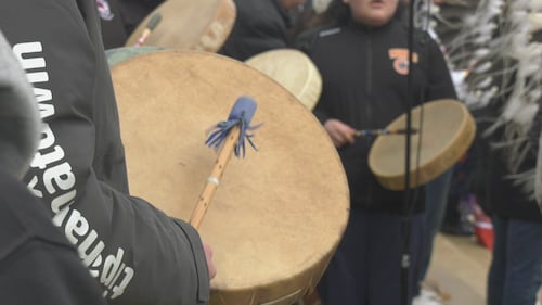 First Nations groups held a rally at Edmonton's Churchill Square on April 8, 2026 to speak out against a potential separation referendum. (Brandon Lynch/CTV News Edmonton)
