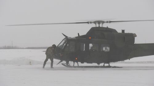 Six CH-146 Griffons from the 408 Tactical Helicopter Squadron of the Royal Canadian Air Force fly from Edmonton to Fort Wainwright, Alaska, on Jan. 26, 2026. (Evan Klippenstein/CTV News Edmonton)