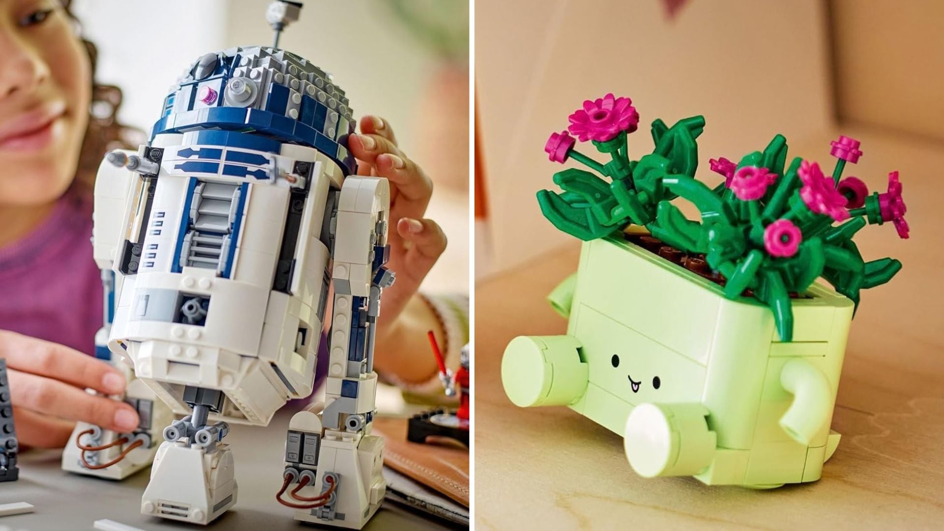 An R2D2 LEGO and a LEGO Botanicals smiling flower pot.