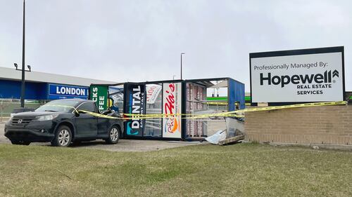 A sign fell and crushed a car in the parking lot of London Drugs in the 3500 block of 32 Avenue N.E. on Friday, April 24, 2026.