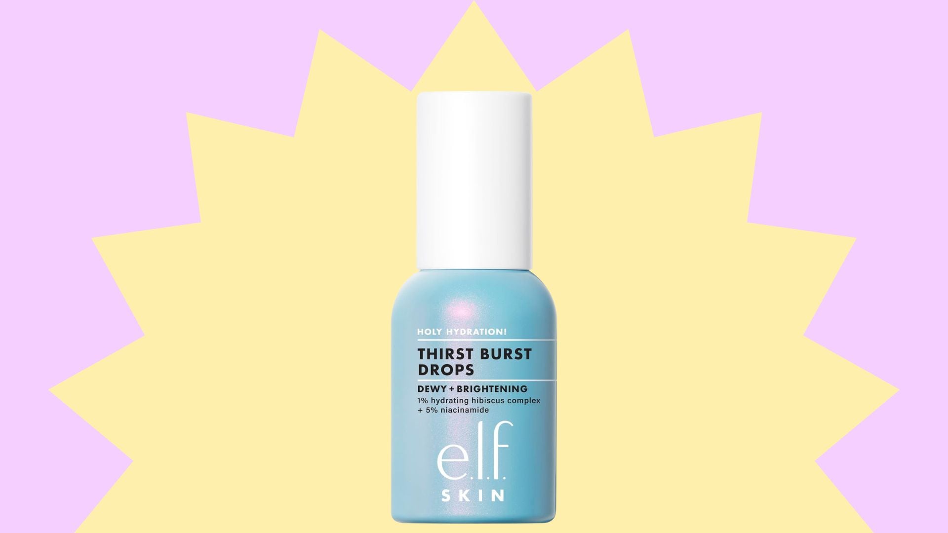 A bottle of e.l.f. Thirst Burst Drops in a starburst.