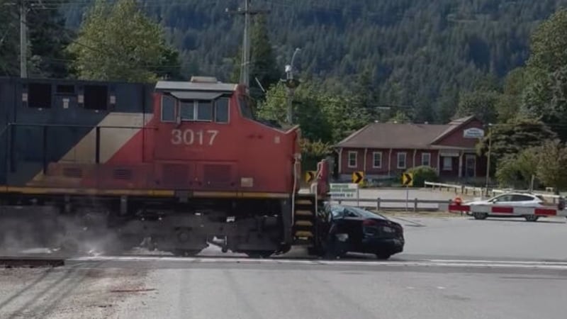 WATCH: Car stuck on tracks in B.C. hit by train