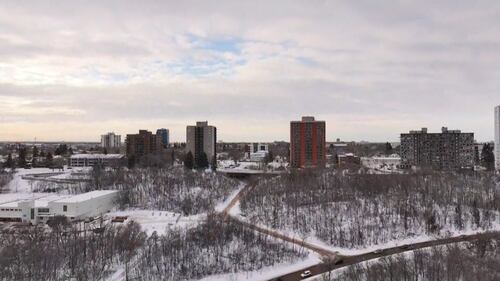 Your Morning Edmonton's CTV Drone flies over downtown on Feb. 25, 2026. (Sean McClune/CTV News Edmonton)