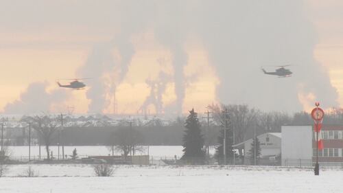 Six CH-146 Griffons from the 408 Tactical Helicopter Squadron of the Royal Canadian Air Force fly from Edmonton to Fort Wainwright, Alaska, on Jan. 26, 2026. (Evan Klippenstein/CTV News Edmonton)