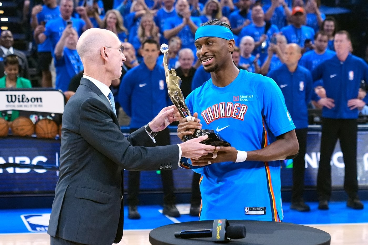 Canada’s Shai Gilgeous-Alexander gets the MVP trophy from NBA Commissioner