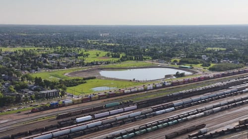 Water sits near Yellowhead Trail and 121 Street in Edmonton after an early morning storm on July 15, 2026. (Sean McClune / CTV News Edmonton)