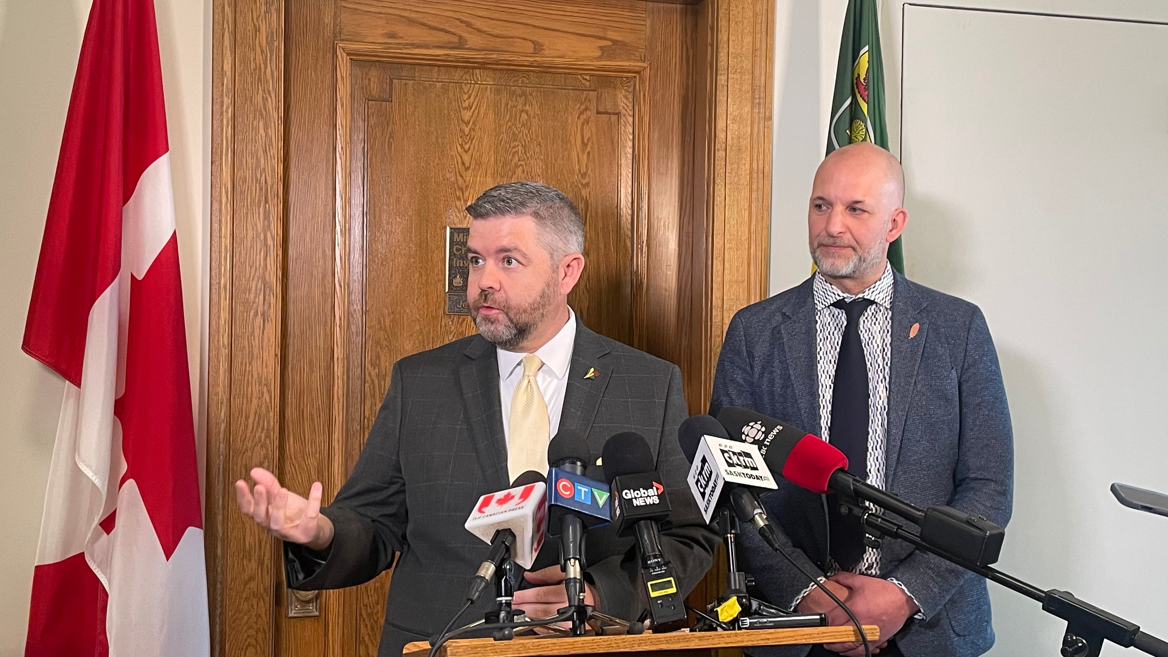 Crown Investments Minister Jeremy Harrison and SaskPower Vice-President Gregg Milbrandt speaking to reporters. May 7, 2026(Katy Syrota/CTV News)