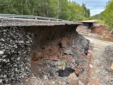 A washout on the road between St. Peter's and Dundee in Cape Breton following severe flooding. (CTV/Ryan MacDonald)