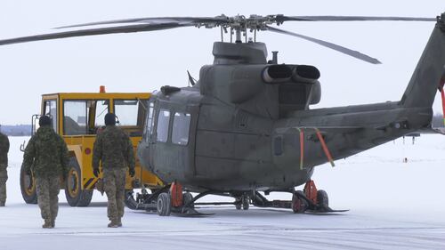 Six CH-146 Griffons from the 408 Tactical Helicopter Squadron of the Royal Canadian Air Force fly from Edmonton to Fort Wainwright, Alaska, on Jan. 26, 2026. (Evan Klippenstein/CTV News Edmonton)