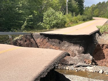 A washout on the road between St. Peter's and Dundee in Cape Breton following severe flooding. (CTV/Ryan MacDonald)