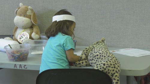 Children and their stuffed animals attend a teddy bear clinic at the Spruce Grove Public Library on March 27, 2026. (Sean McClune/CTV News Edmonton)