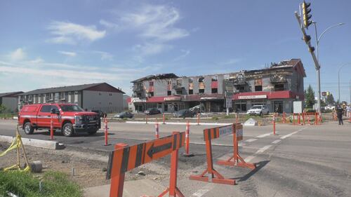 The aftermath of a fatal explosion and fire at an apartment building at 82 Street and 132 Avenue. (Brandon Lynch/CTV News Edmonton)