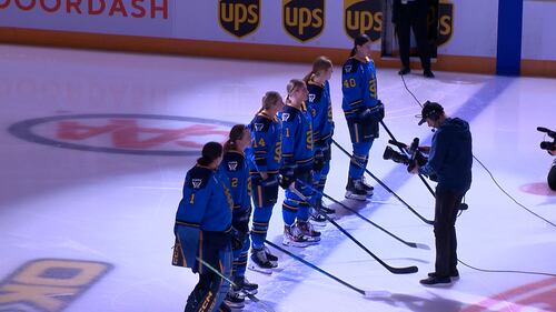 Toronto Sceptres players line up on the blue line at a PWHL Takeover Tour game in Halifax between Montreal Victory and the Toronto Sceptres on Dec. 17, 2025. (CTV Atlantic / Jim Kvammen)