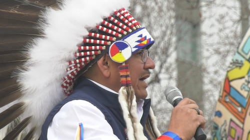 First Nations groups held a rally at Edmonton's Churchill Square on April 8, 2026 to speak out against a potential separation referendum. (Brandon Lynch/CTV News Edmonton)