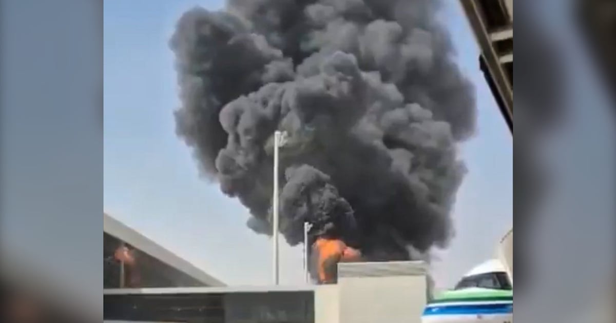This image from video obtained and verified by AP shows thick black smoke and flames rising from a fire at King Khalid International Airport in Riyadh, Saudi Arabia, Friday, Oct. 9, 2026. (UGC via AP)