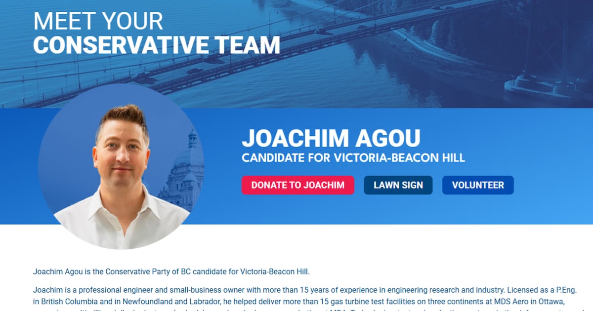 The B.C. Conservatives website shows Joachim Agou, who was dropped as a candidate on Oct. 8, 2026.