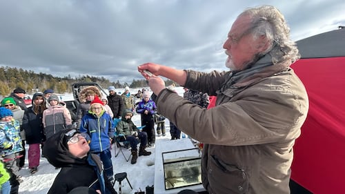 Dominion Park Ice Fishing Association Chair Chris Hardt is pictured giving an educational talk to children about ice fishing at Dominion Park in Saint John, N.B. (Avery MacRae / CTV Atlantic)