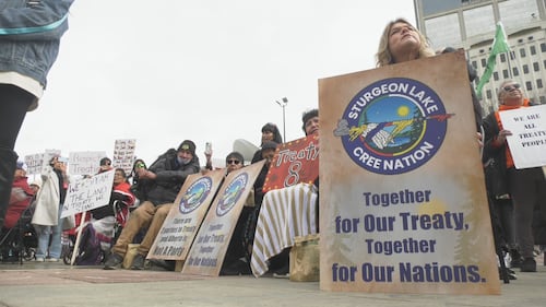 First Nations groups held a rally at Edmonton's Churchill Square on April 8, 2026 to speak out against a potential separation referendum. (Brandon Lynch/CTV News Edmonton)