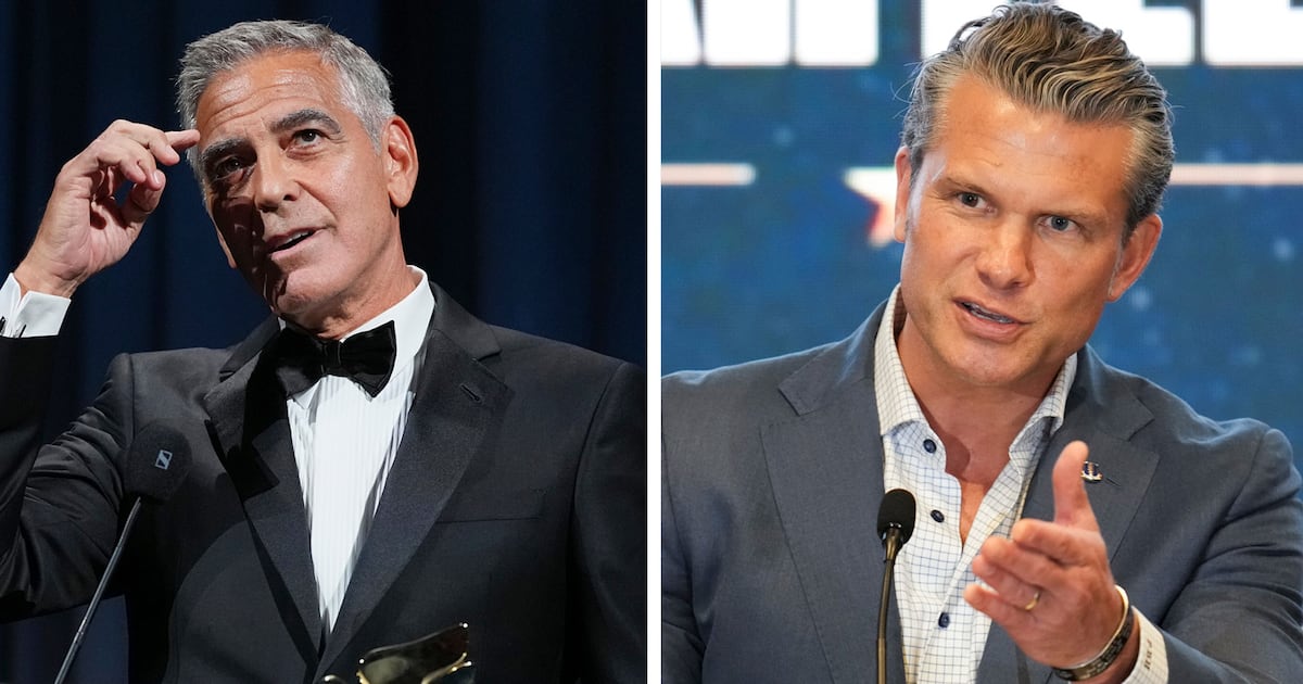 George Clooney, left, and U.S. Defence Secretary Pete Hegseth in a combination photo. (AP Photo/Matias Delacroix/Scott A Garfitt/Invision)