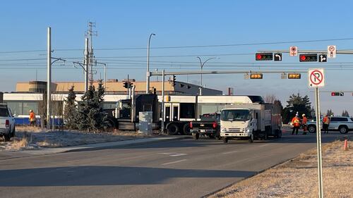 Crews and police respond to a morning crash between an LRT train and a semi-truck on Nov. 26, 2025. (Evan Klippenstein/CTV News Edmonton)