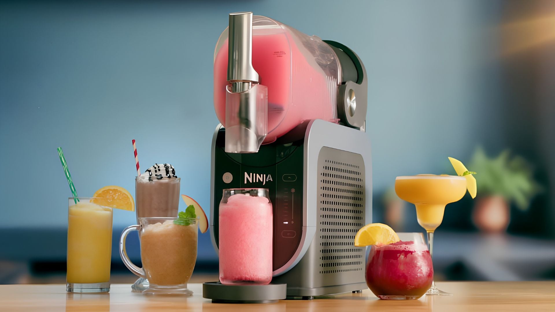 The Ninja SLUSHi with a pink blended drink inside, surrounded by tropical beverages.