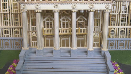 Esmond Warren's miniature model of the Alberta legislature, which he built out of wood slivers over two winters, is seen on April 14, 2026. (Evan Klippenstein / CTV News Edmonton)