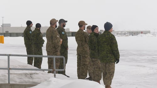 Six CH-146 Griffons from the 408 Tactical Helicopter Squadron of the Royal Canadian Air Force fly from Edmonton to Fort Wainwright, Alaska, on Jan. 26, 2026. (Evan Klippenstein/CTV News Edmonton)