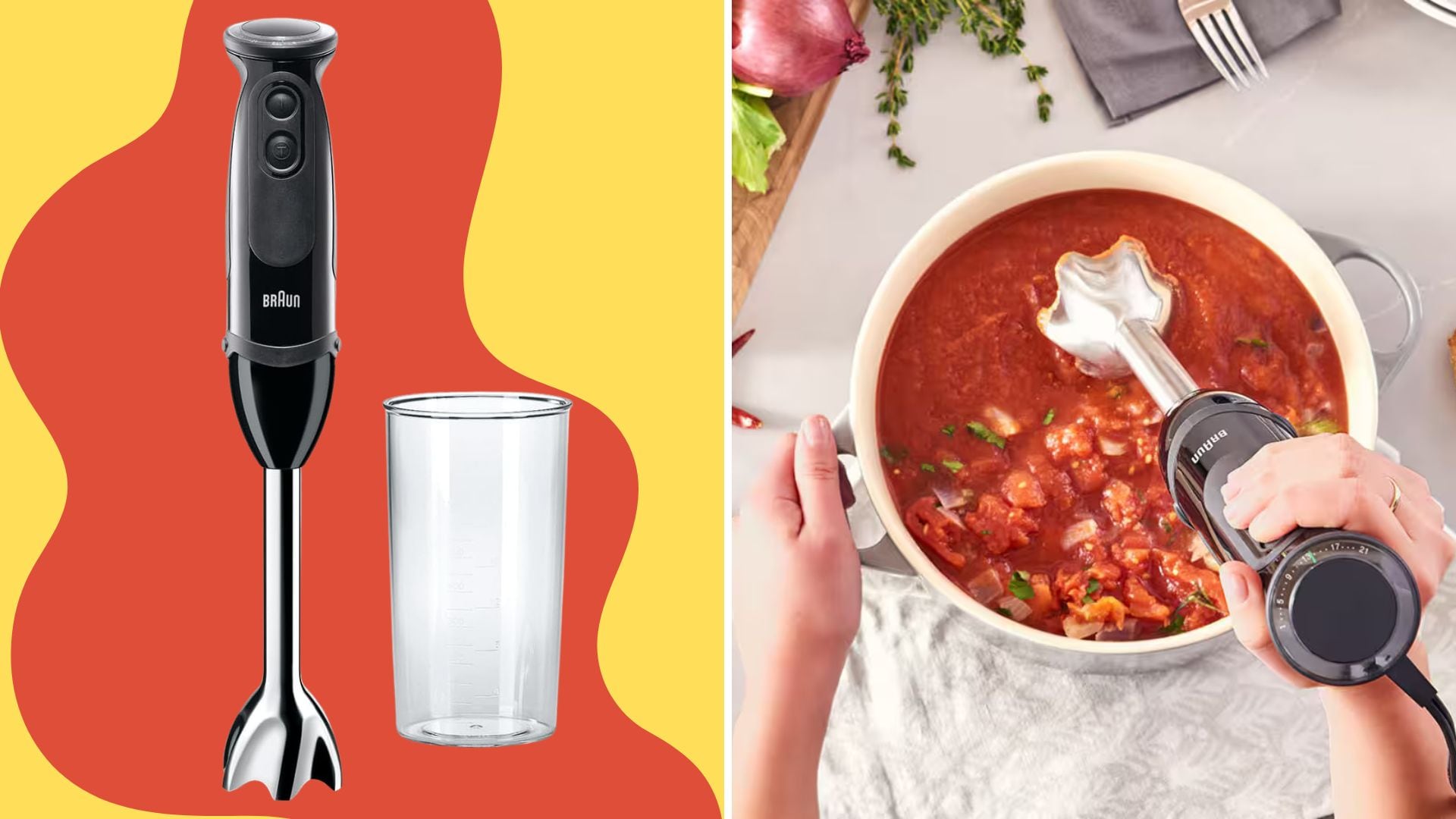 A Braun Handheld Blender on a red and yellow background, split with an image of a person using the blender to puree soup.