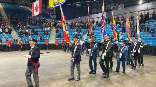 A Remembrance Day ceremony was held at the Moncton Coliseum presented by Royal Canadian Legion, Moncton Branch #6 on Tuesday, Nov. 11, 2025. (CTV Atlantic/ Derek Haggett)